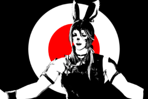 A FFXIV Viera with a red circle behind him, captured with a vivid ReShade photo filter.